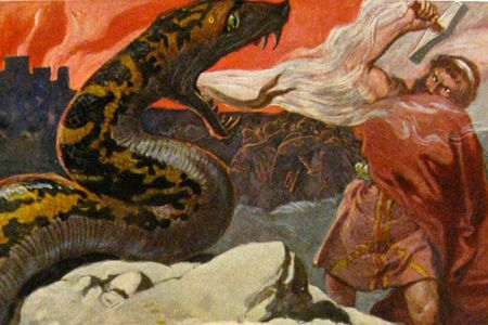 Thor und die Midgardsschlange. A scene from Ragnarök, the final battle between Thor and Jörmungandr.