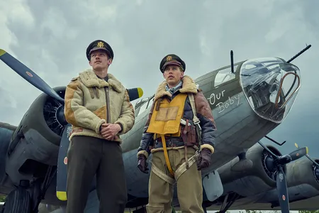 Callum Turner (left) as John &quot;Bucky&quot; Egan and Austin Butler (right) as Gale &quot;Buck&quot; Cleven in &quot;Masters of the Air&quot;