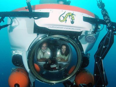 Curasub commissioner/owner Adriaan Schrier and lead DROP scientist Carole Baldwin aboard the custom-built submersible.