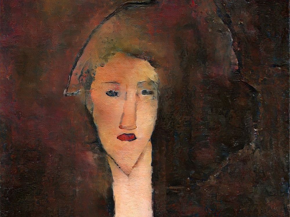 A painting of a pale woman with red lips, dark brown hair in front of a multicolored brown and red background