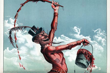 A cartoon from the magazine The Judge, where "Democracy" is portrayed as the devil overlooking Washington, D.C., and looks very much like Grover Cleveland.