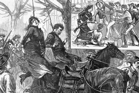 'Cattle Kate' and Postmaster Averill, lynched. Stockmen a Sweetwater, Wyo., July 21, end the career of a lawless pair of depredators - swung from a cottonwood at the rope's end. Undated illustration.