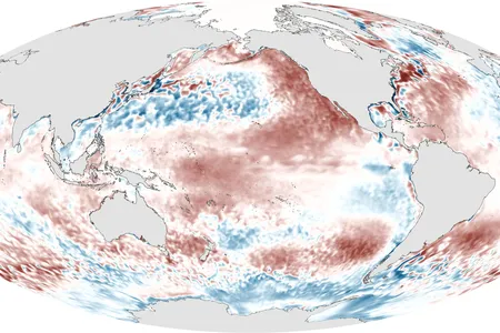 A large band of warmer than average sea surface temperatures, an indicator of El Niño, stretches across the Pacific
