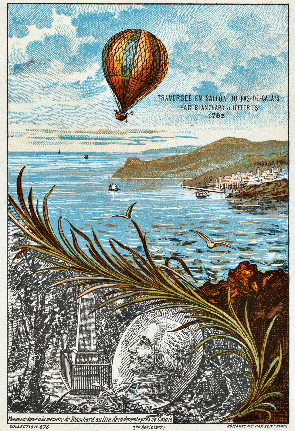 An illustration of Blanchard and Jeffries' crossing of the English Channel in January 1785
