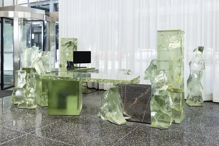Frank Gehry&rsquo;s Icehenge desk in the Inland Steel Building in Chicago