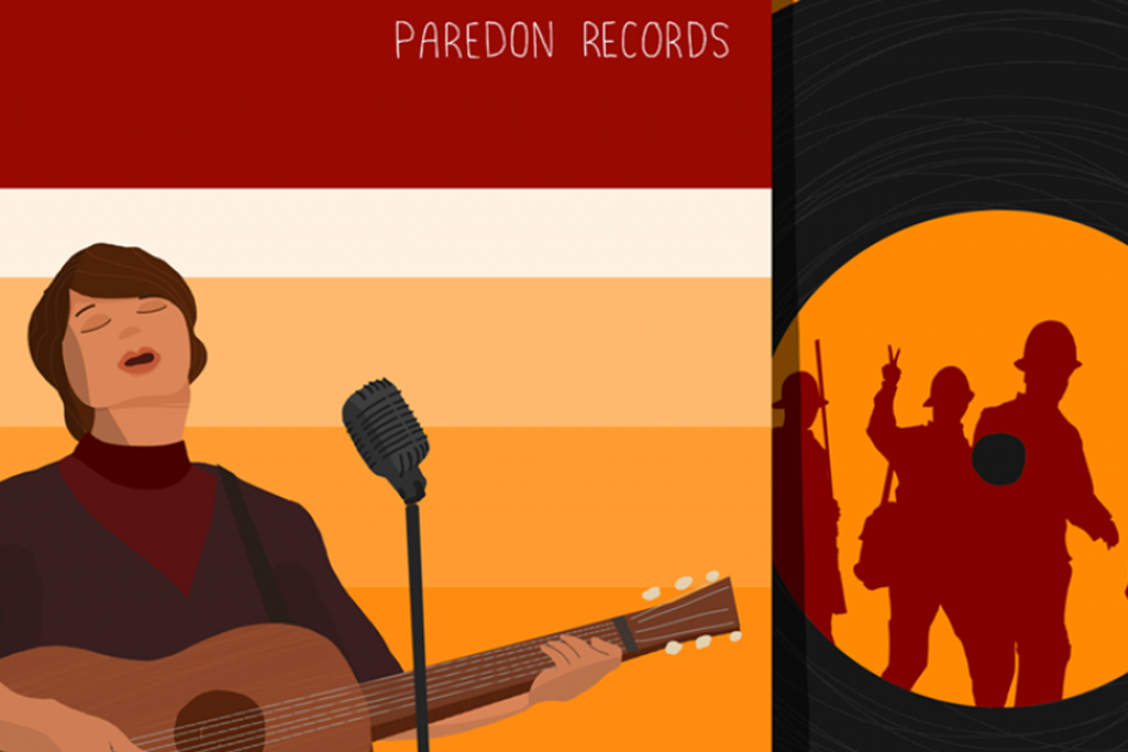 illustration of woman strumming guitar and singing, as well as a record with soldiers silhouetted in the center