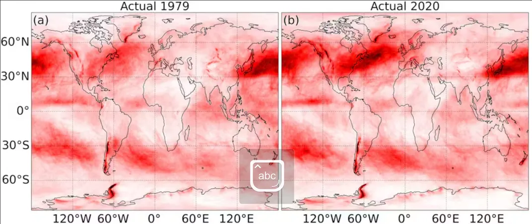 A map showing how the chance of experiencing clear-air turbulence between 1979 and 2020 has increased, with higher chances in darker red.