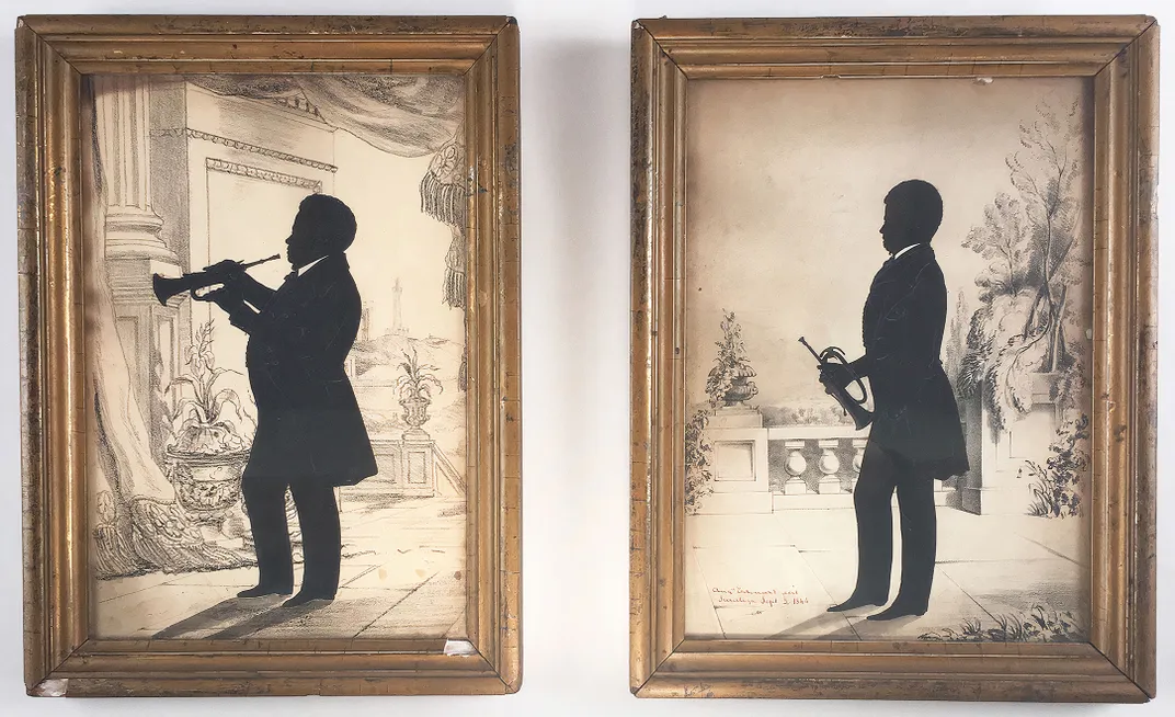 two silhouette portraits of musicians holding their instruments