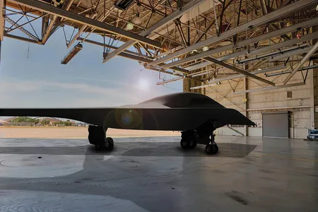 An artist’s concept of the Northrop Grumman B-21 Raider. The bomber will fly initial missions with pilots but could eventually fly without them.