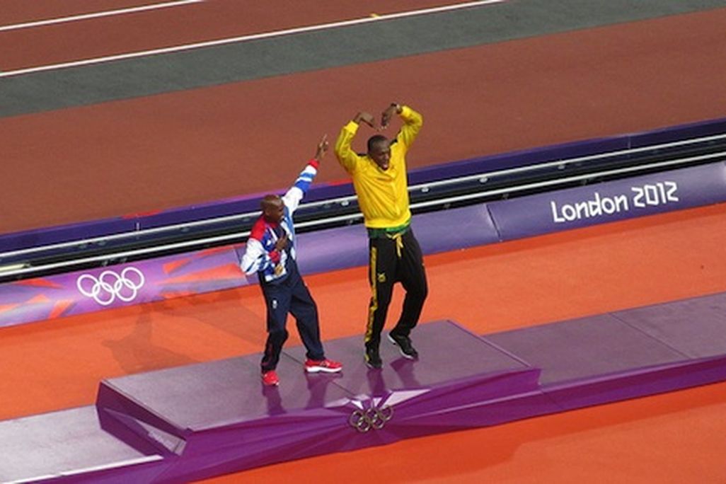 Farah and Bolt mimic one another’s classic poses