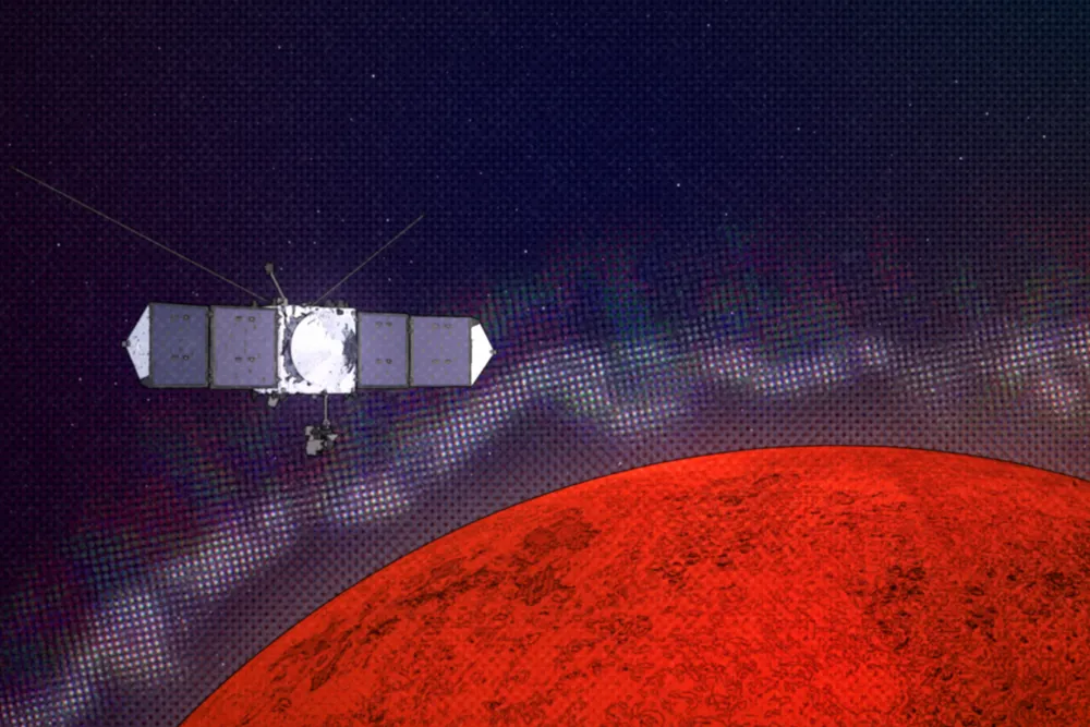 Graphic illustrating the MAVEN spacecraft encountering plasma layers at Mars.