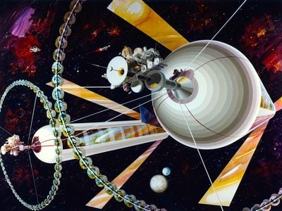 A mid-1970s painting by illustrator Rick Guidice depicts an extraterrestrial colony designed by Princeton University physicist Gerard O'Neill. 