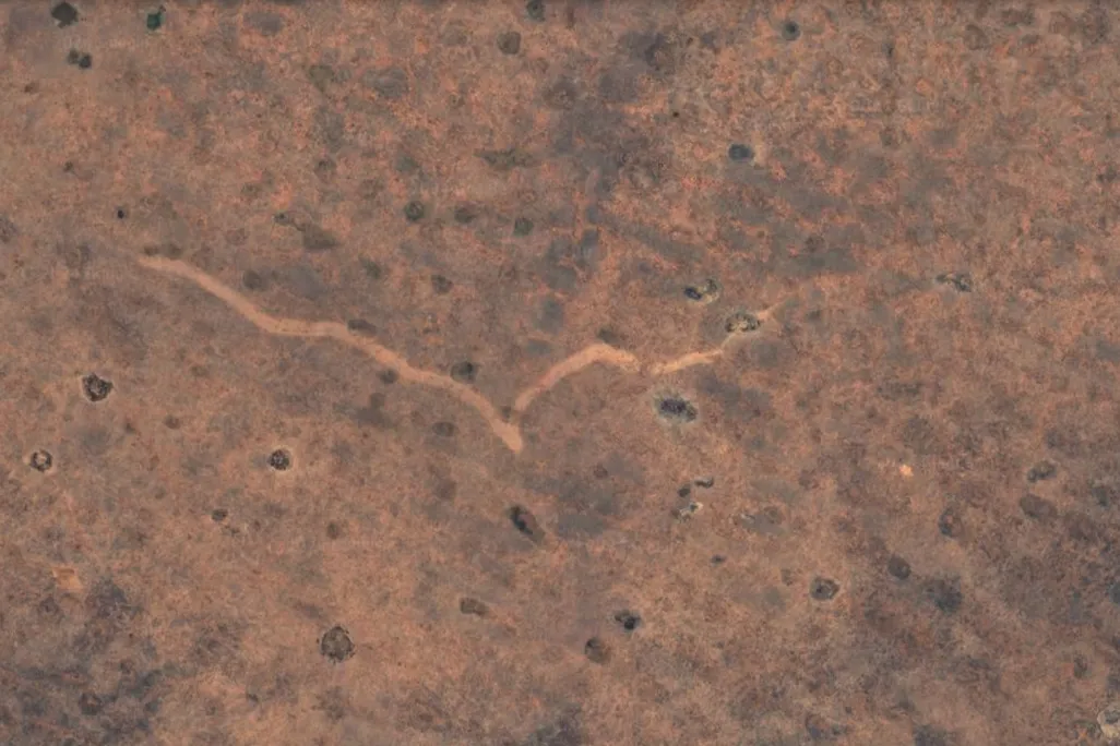 Overhead view of a squiggly line against tan backdrop