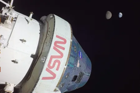 A view of the uncrewed Orion capsule in space during the 2022 Artemis 1 mission, with both the Earth and moon in the background. The Earth looks smaller because it is farther away.