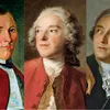 Silas Deane, left, worked with Pierre-Augustin Caron de Beaumarchais, center, to secure gunpowder from Antoine Lavoisier, right.&nbsp;