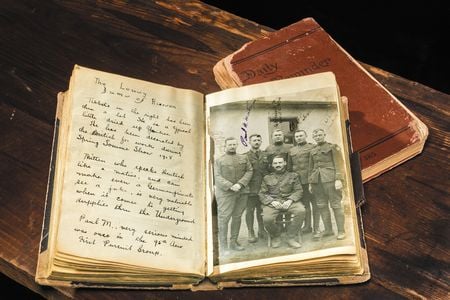 “The Lousy Bums of Hierson” displays Miller’s typical wit: “Tibbets on the right has been thru a lot. He is a typical little dried up Yankee. He has been decorated by the British for work during the Spring Somme Show 1918,” while “Mitten...can make even a German private see a joke.”