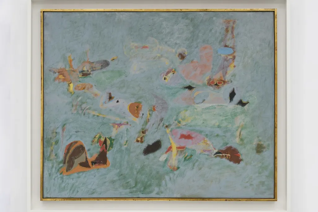 A sea of light blue filled with biomorphic pink, red, green and yellow shapes