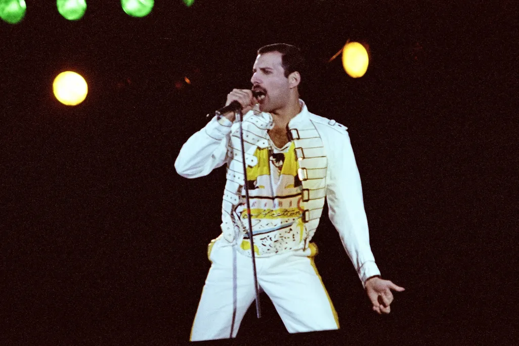 Freddie Mercury performing live on stage in 1986