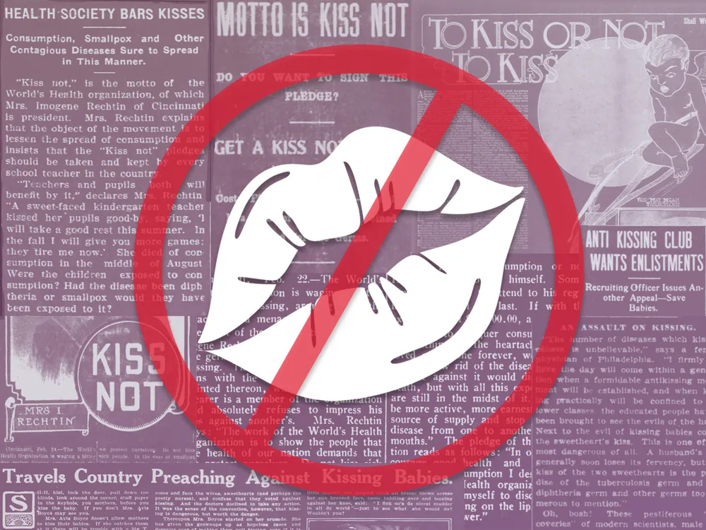 Illustration of lips, with a banned symbol, in front of newspaper articles about the anti-kissing campaign