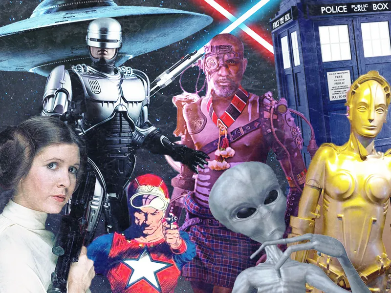Illustration of science-fiction characters and objects