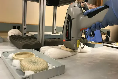 Researchers examine porcelain from the Java Sea Ship wreck using their "ray gun."