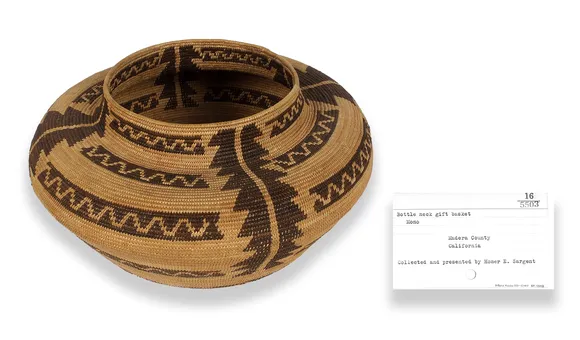 Coiled basket jar, ca. 1900, made by Mary Burkhead (Western Mono). Madera County, California. 16/5503. Through archival research, the museum now knows that a Western Mono woman named Mary Burkhead made this coiled basketry jar, information not listed on the catalog card. The research is part of a multiyear, multi-institutional project to recover information that was separated from, or perhaps never a part of, the museum's catalog records. (National Museum of the American Indian, Smithsonian. Note: Objects and catalog cards in these photo composites are not to scale.)