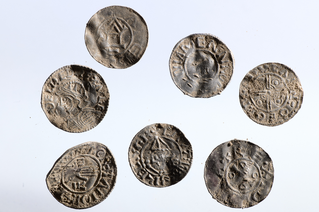 Seven of the coins from the newly discovered hoard, which is the largest of its kind ever found in Norway