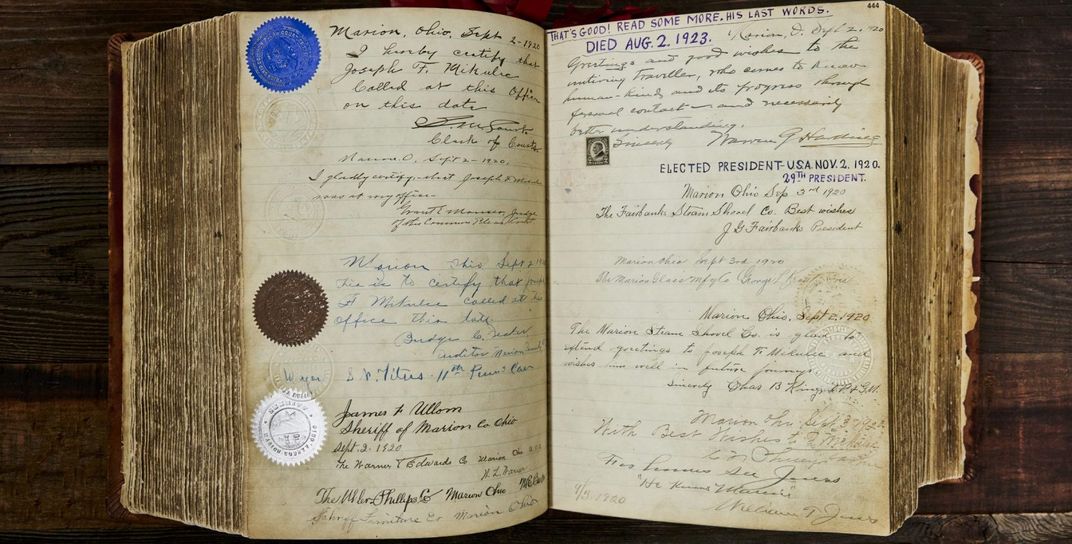 Album page featuring President Warren G. Harding's signature