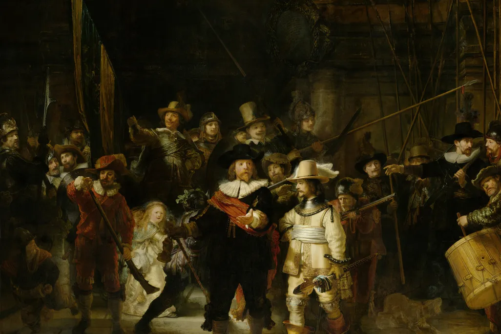 The Night Watch painting itself, a grand composition featuring a central captain surrounded by men with weapons, a drummer, a dog, and a pale young woman wearing a white dress
