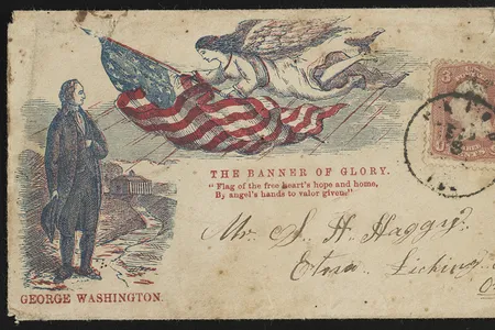 George Washington standing at Mount Vernon and an angel with the American flag. Addressed to Mr. S.H. Haggy, Etna, Licking Co., Ohio. 