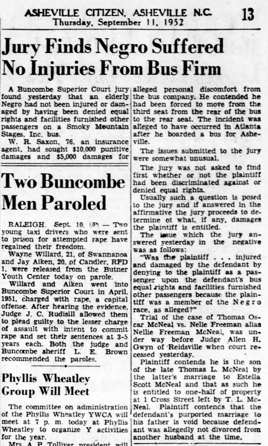 A 1952 newspaper article about the jury's decision in Saxon's court case