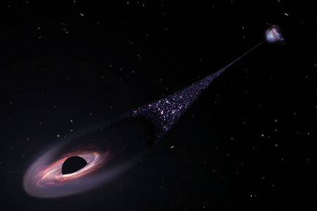 An artist&#39;s rendition of the runaway black hole with the stream of stars trailing behind it. Its former host galaxy is in the upper right of the image.