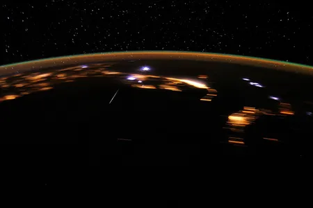 A meteor from the Lyrids burns up in the Earth’s atmosphere, as seen from the International Space Station.