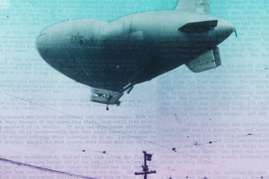 The misshapen L-8 "Ghost Blimp" in the sky in August 1942