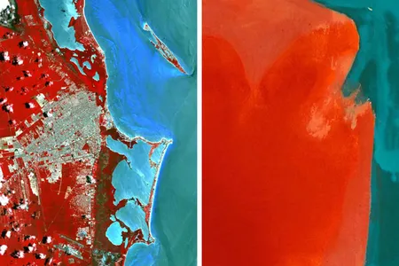 Pictured left: Cancun, Mexico on May 14, 2014; pictured right: Helen Frankenthaler, Canyon, 1965