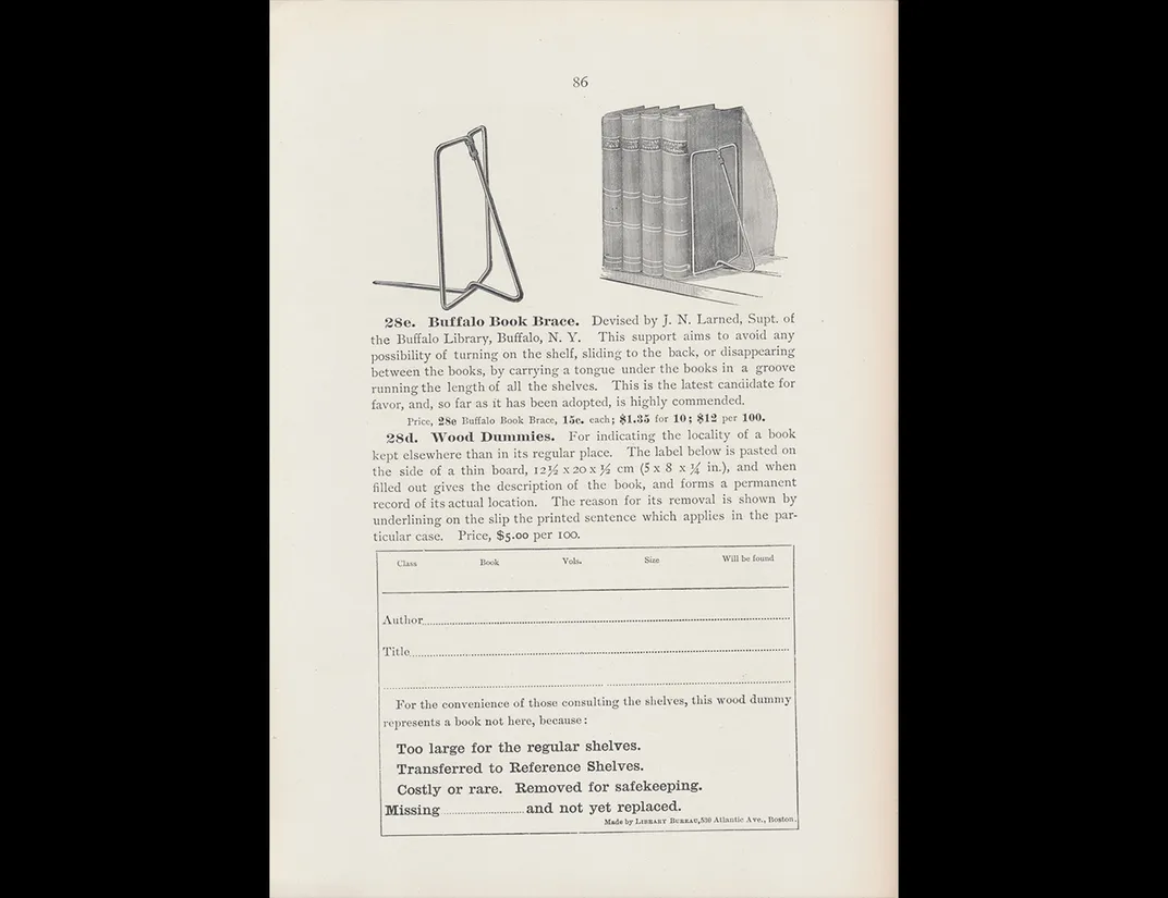 Trade catalog illustration of book brace bookends and books on shelf and shelf note card.