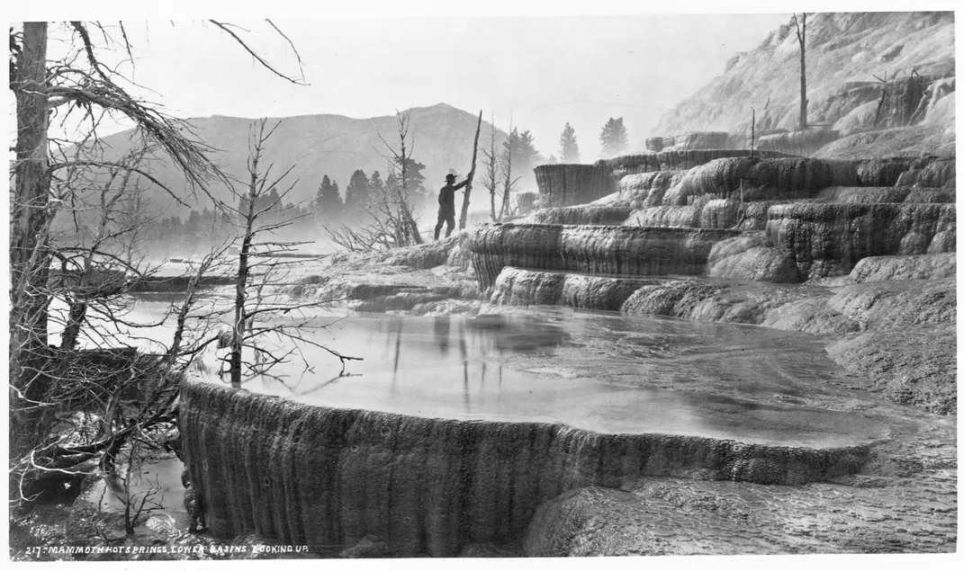 The lower basin of Mammoth Hot Springs in Yellowstone National Park, circa 1870 to 1879