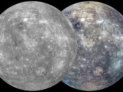 Mercury as seen by MESSENGER, in black and white and color.