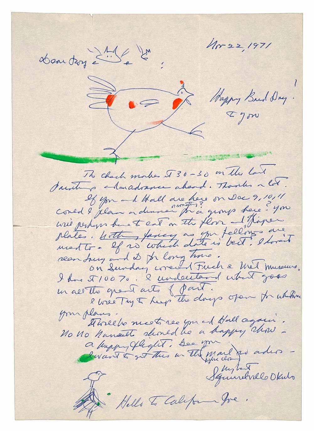 Illustrated letter sent to Roy Leeper by Mine Okubo on November 22, 1971