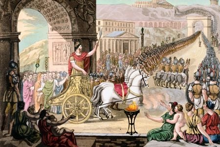 A victorious commander rides in a chariot during a triumphal procession in ancient Rome.