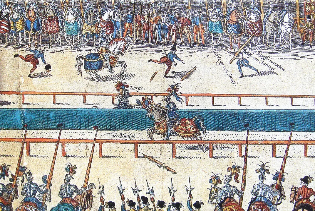 A 16th-century print depicting the fatal jousting match between Henry II and Gabriel de Lorges, Count of Montgomery