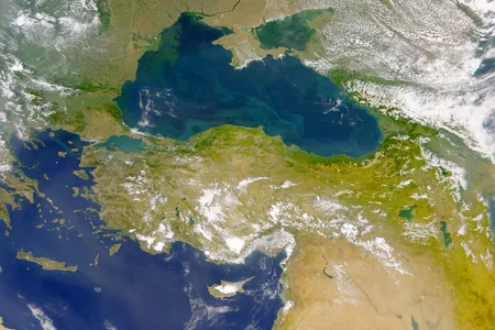 This SeaWiFS view reveals the colourful interplay of currents on the sea's surface