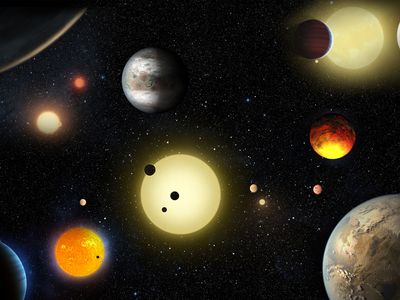 Artist's concept depicting some of the Kepler telescope's planetary discoveries.