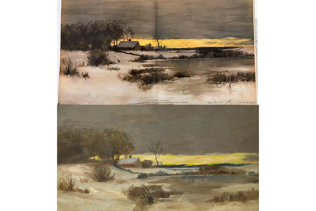 On top, the instructional image has a fold in the center where it fit into the magazine; a yellow streak of sunset, gray clouds; and a farmhouse; the same image is virtually the same, although less crisply defined, in Hopper's oil painting below