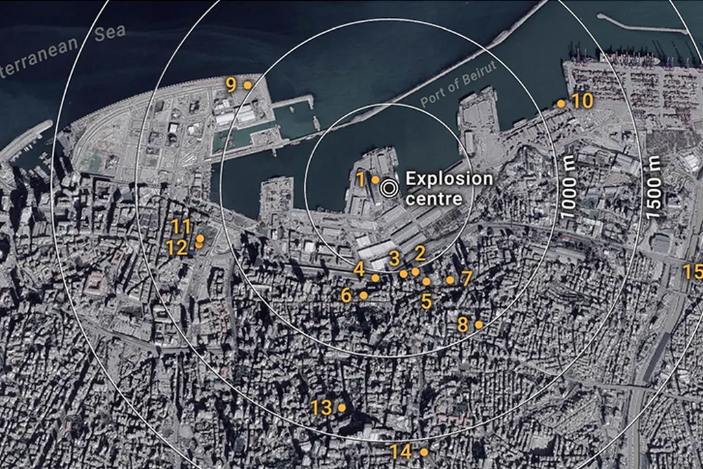 A map of Beirut before the explosion shows the locations of videos analyzed in the new study