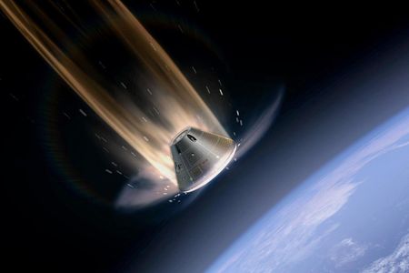 In an artist's conception, Lockheed Martin's Orion reenters Earth's atmosphere.