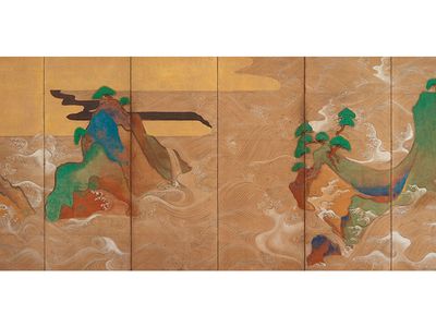 A pair of six-panel folding screens entitled Waves of Matsushima, Tawaraya Sōtatsu, early 1600s