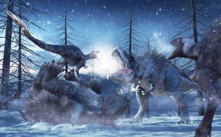 A Gorgosaurus tries to scare a group of Troodon away from a hapless ankylosaur in this promotional image for March of the Dinosaurs.