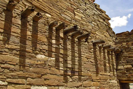 Timber beams extend through a wall of Pueblo Bonito, the largest of the Great Houses in Chaco Canyon.