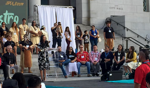 California Natives gather in front of City Hall to celebrate Los Angeles's second annual Indigenous Peoples Day. October 14, 2019, Los Angeles, California. (Photo courtesy of Helena Tsosie)